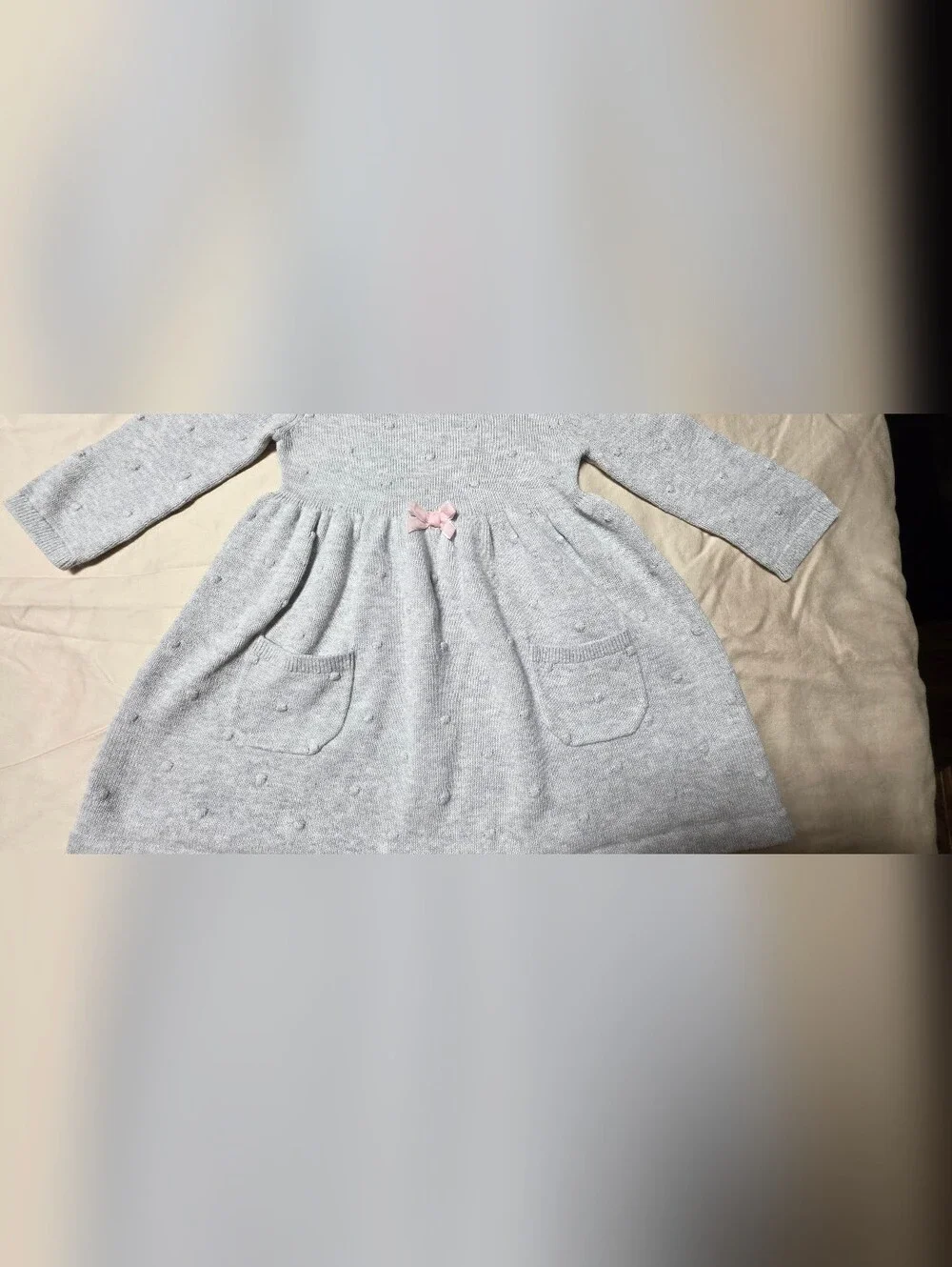 Cartets Light Gray Knit Dress with Pink Bow Accent
